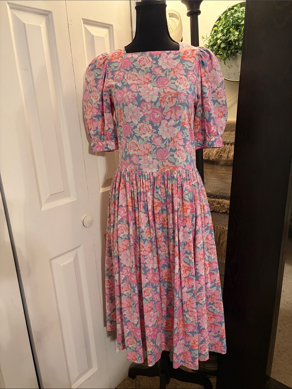 Laura Ashley Pink & Lavender Floral Puff-Sleeve Midi Dress